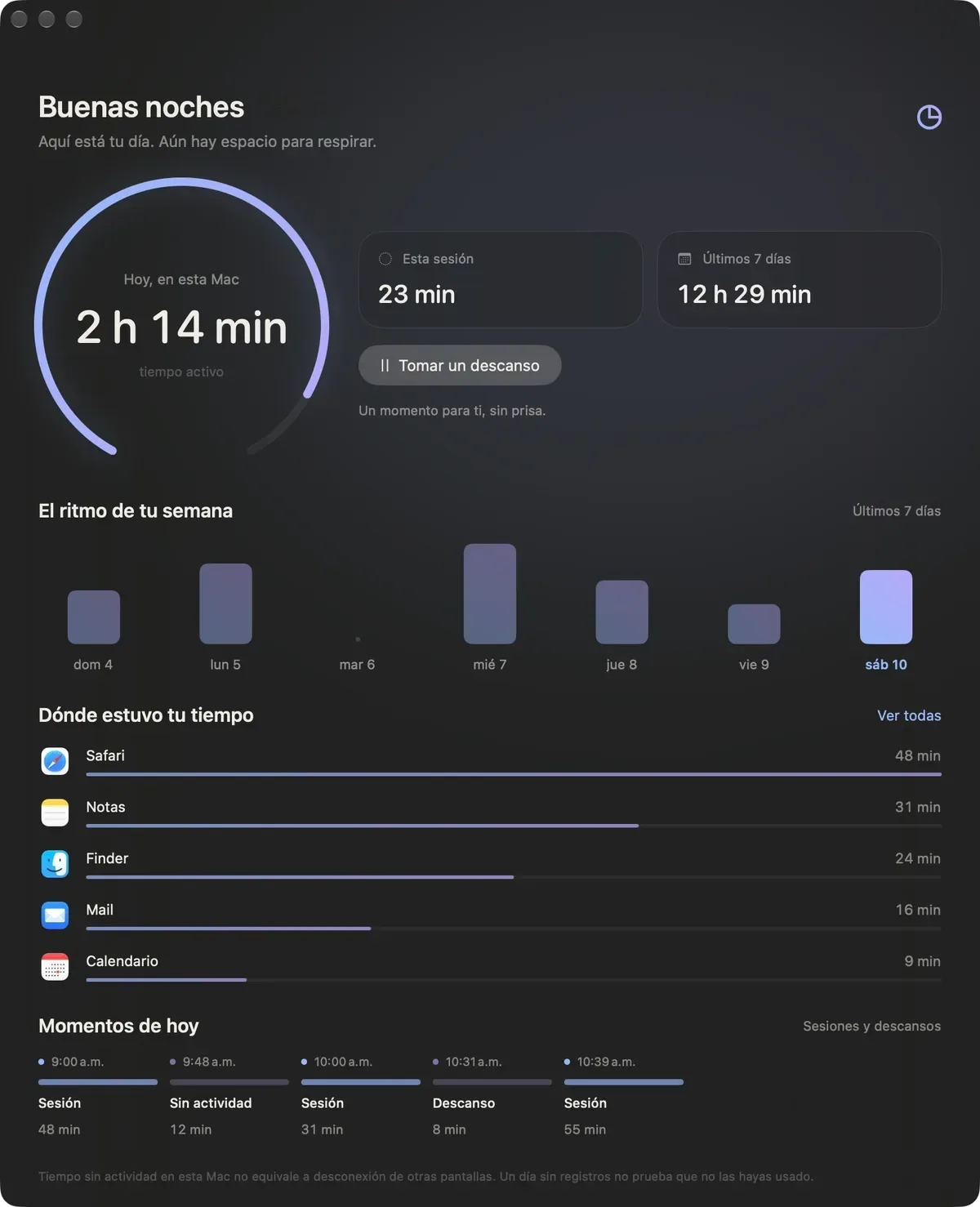 Today and week with the translucent material used on macOS 14 and 15. In Spanish. Example data.