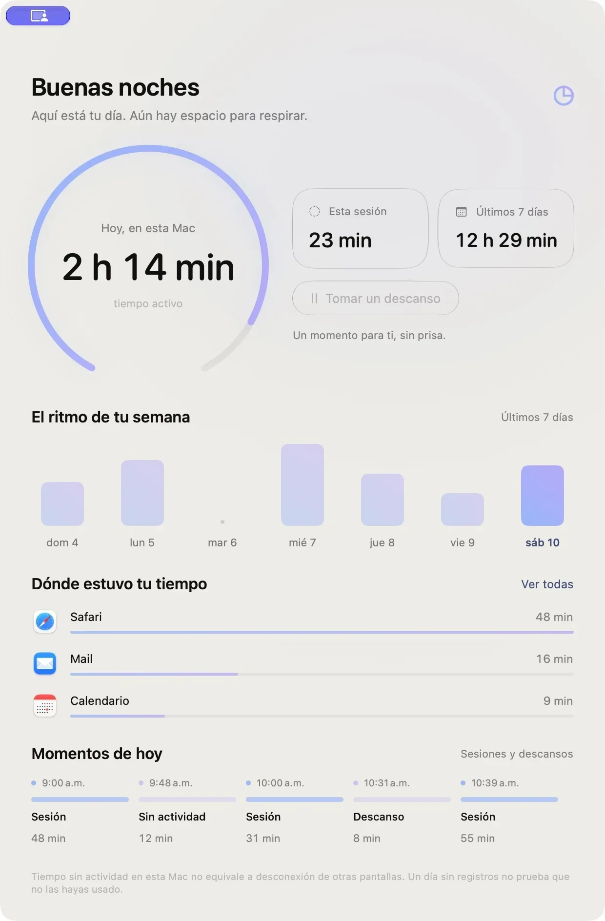 Sereno’s Today and week window with example data: today’s time, the week, apps, and the timeline. In Spanish.