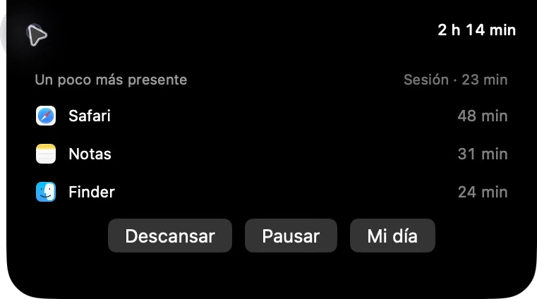 Sereno’s notch on hover, in Spanish: the session, Safari, Notes, Finder, and actions for a break, pause, and today. Example data.