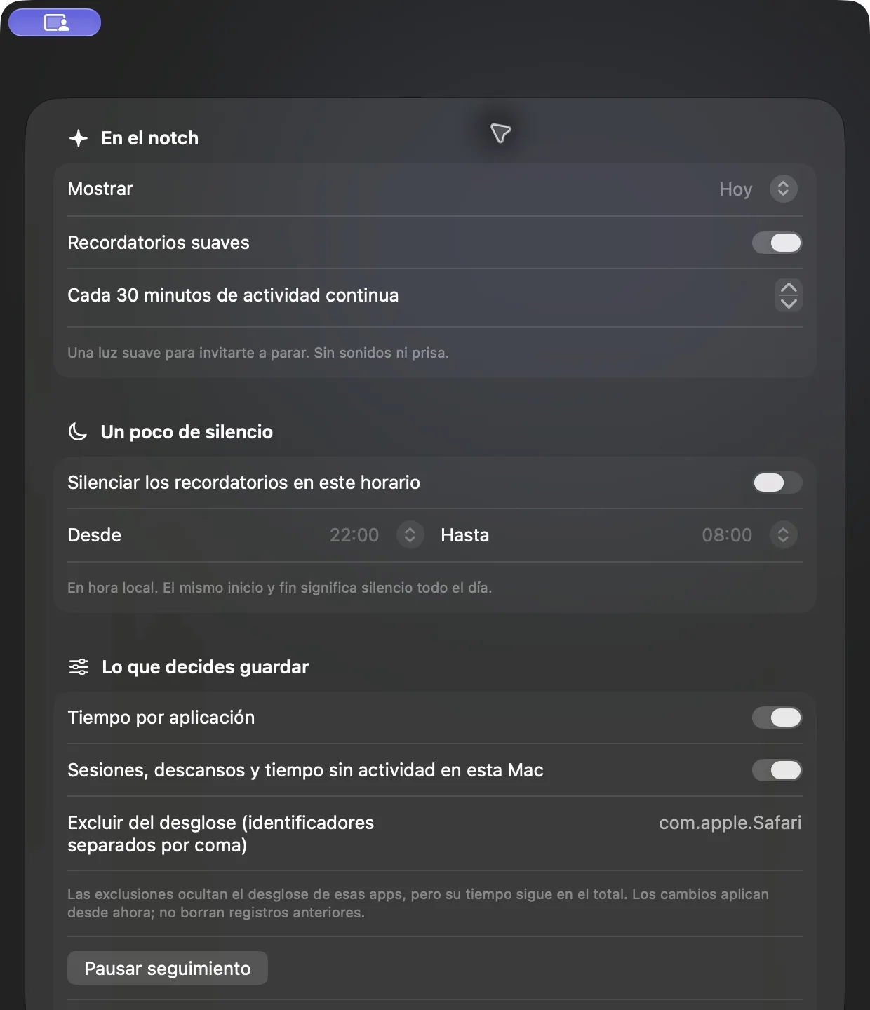 Sereno’s preferences, in Spanish and dark appearance: notch display, soft reminders, quiet hours, and apps excluded from the breakdown.