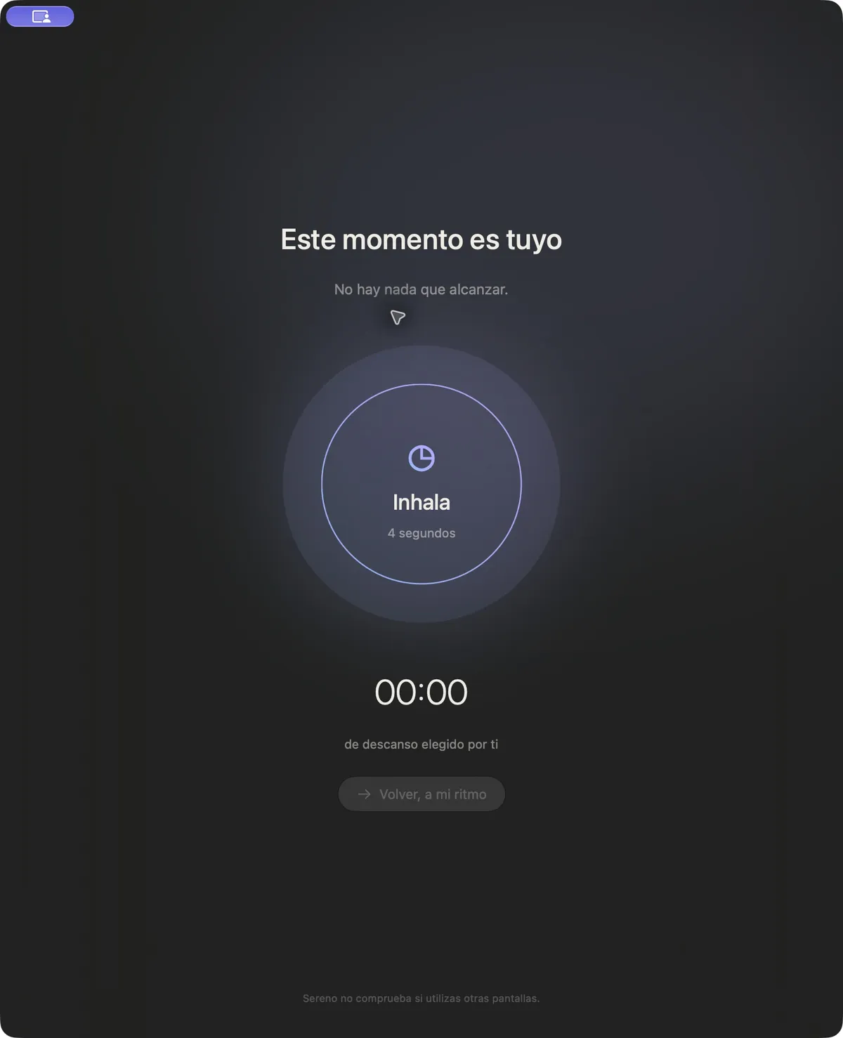 Sereno’s guided break, in Spanish and dark appearance: Este momento es tuyo and a four-second inhale. Example data.